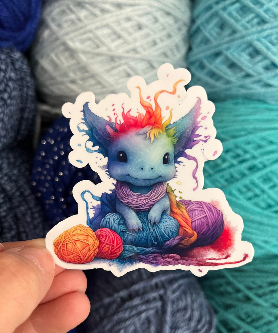 Rainbow Dragon Yarn Sticker | Yarn Sticker Knitting Crochet Die Cut Sticker Skull Goth Water bottle Laptop Sticker